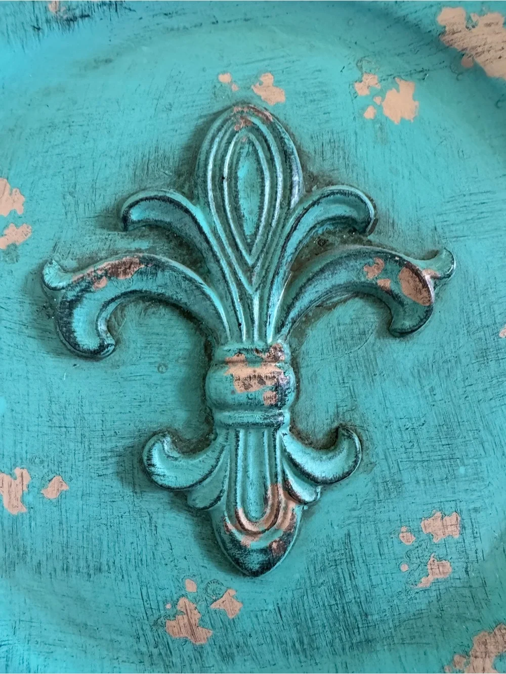 Distressed Turquoise Fleur De Lis Decorative Charger Plate Raised Wall Decor 13”